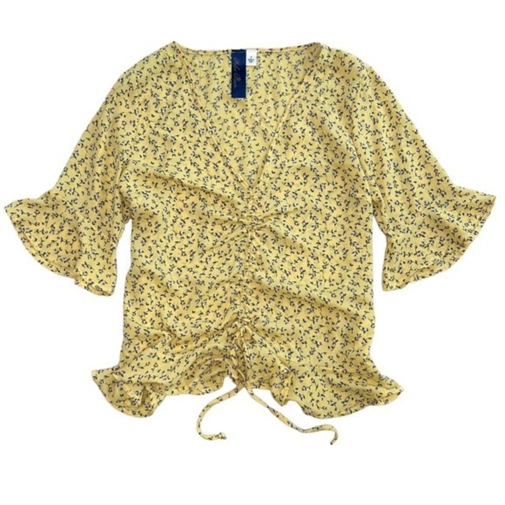 Flowy Floral Print Ruffle Trim Crop Top Blouse Small Yellow V Neck